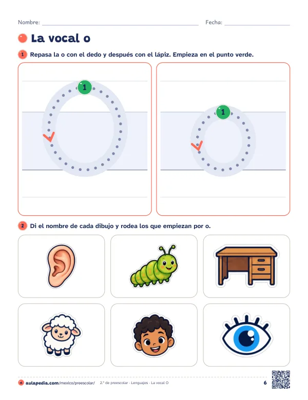 Página de la ficha «La vocal o»: dos óvalos grandes para repasar la o con el dedo y con el lápiz desde el punto verde, y seis dibujos para decir su nombre y rodear los que empiezan por o.