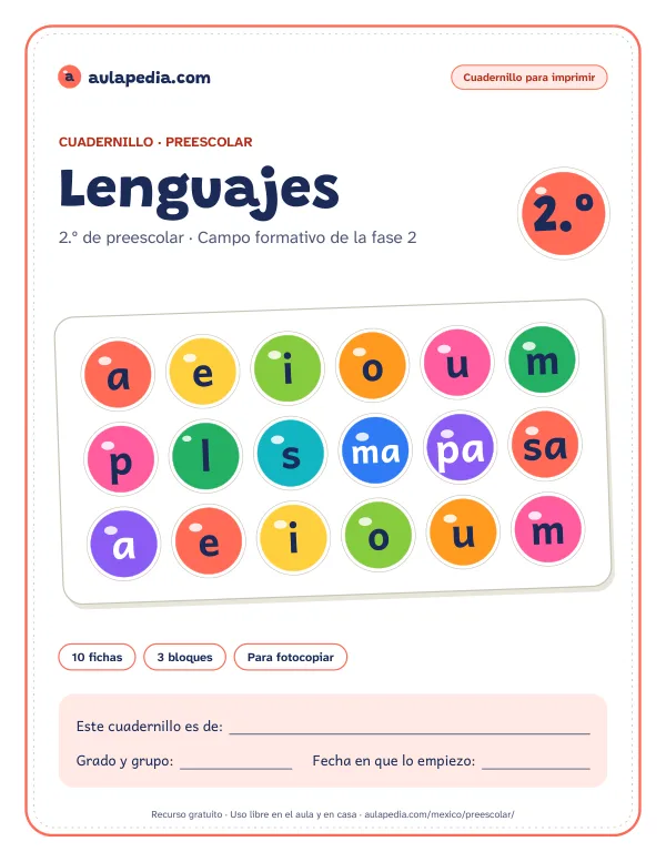 Portada de un cuadernillo de 2.º de preescolar de Lenguajes: el título «Lenguajes», la estampa «2.º», una hoja de estampas de colores con vocales y sílabas, las etiquetas «10 fichas», «3 bloques» y «Para fotocopiar», y el recuadro para escribir el nombre, el grado y grupo y la fecha.