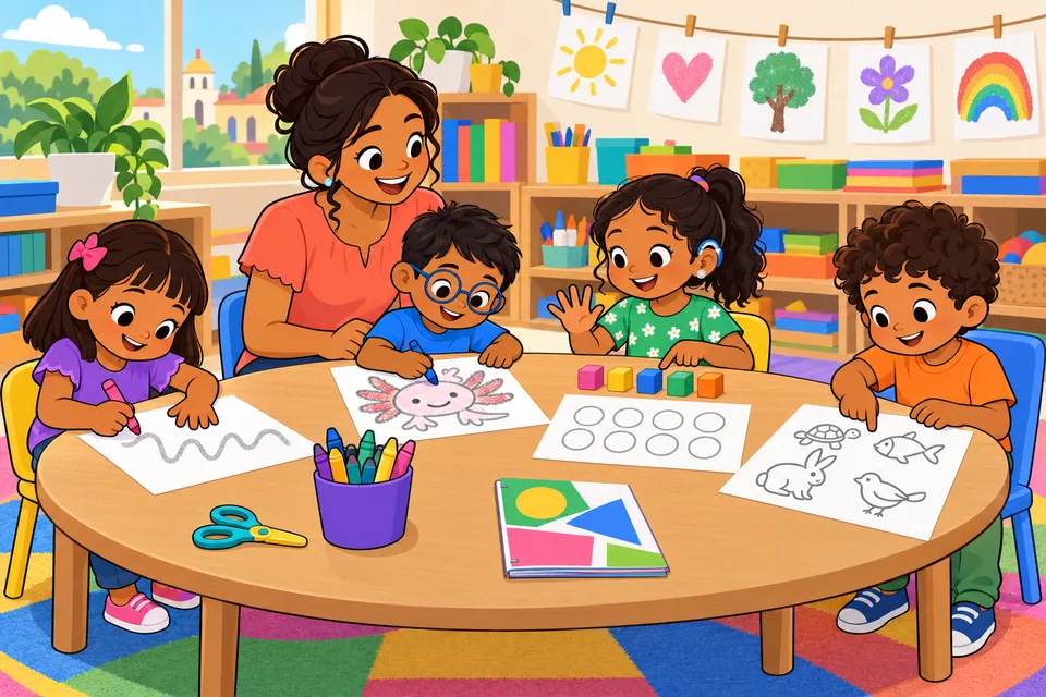 Ilustración: en un salón de preescolar, una educadora sentada en una silla pequeña acompaña a cuatro niñas y niños alrededor de una mesa redonda; una niña repasa una línea ondulada con un crayón, un niño con lentes colorea un ajolote, una niña con audífono cuenta cinco cubitos de colores y un niño señala una hoja con dibujos de animales. En la mesa hay un cuadernillo grapado, un bote de crayones y unas tijeras de punta redonda.