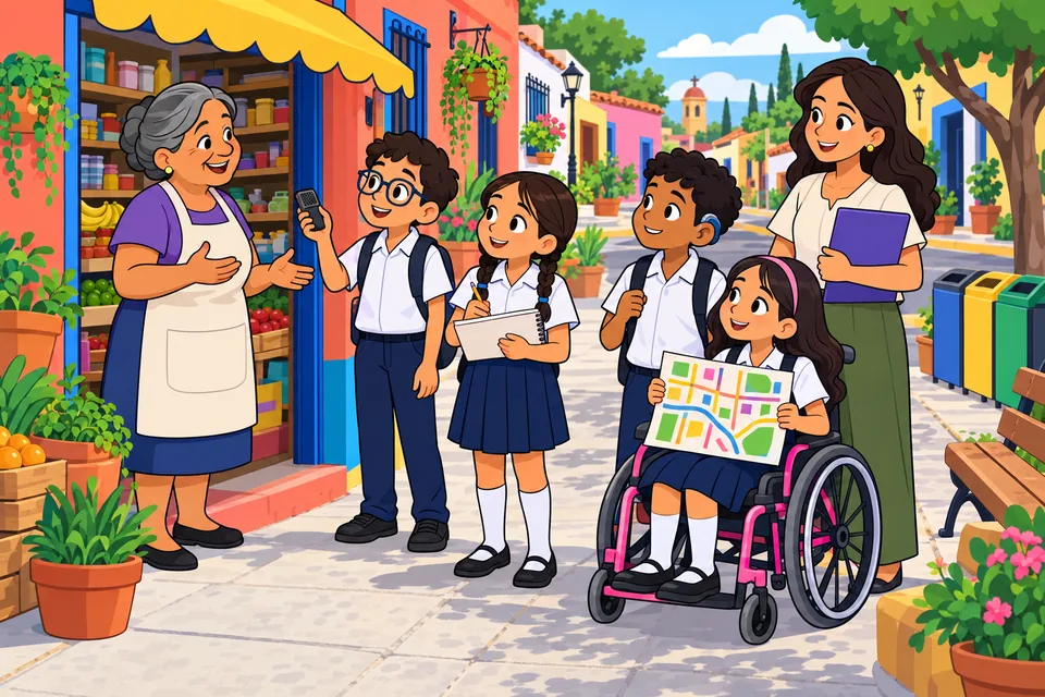 Ilustración: en una calle de barrio, cuatro alumnas y alumnos de primaria entrevistan a una señora mayor que atiende una tienda de la esquina; una niña toma notas en su libreta, un niño con lentes le acerca una grabadora, un niño con audífono escucha y una niña en silla de ruedas sostiene un mapa del barrio dibujado a mano, mientras su maestra los acompaña.