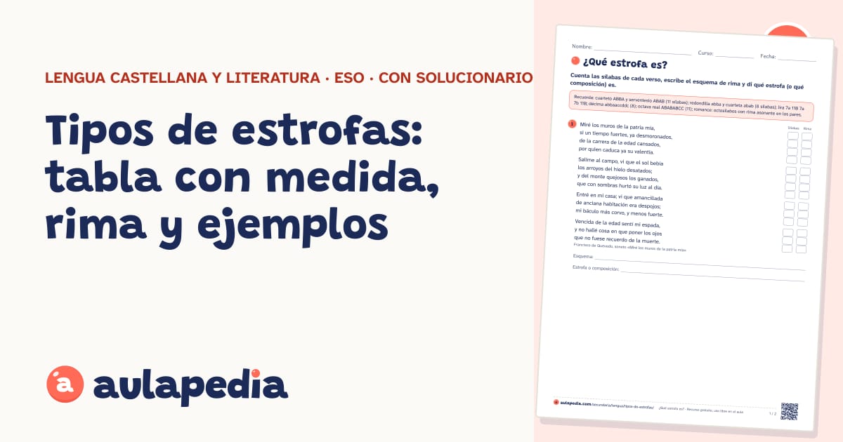 Tipos de estrofas: tabla con medida, rima y ejemplos