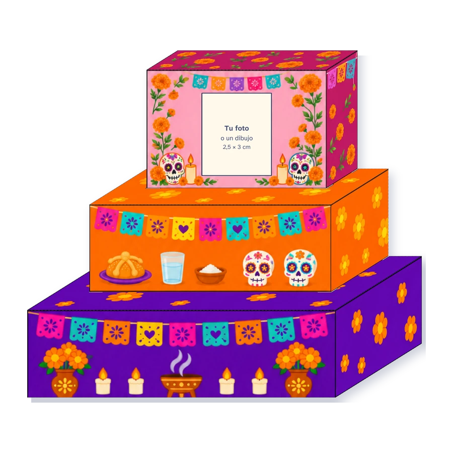 Altar de papel armado: tres escalones con papel picado, cempasúchil, veladoras dibujadas, pan de muerto, calaveritas y el hueco para la foto