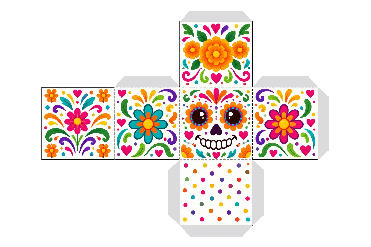 Desarrollo plano de calavera de azúcar con sus pestañas