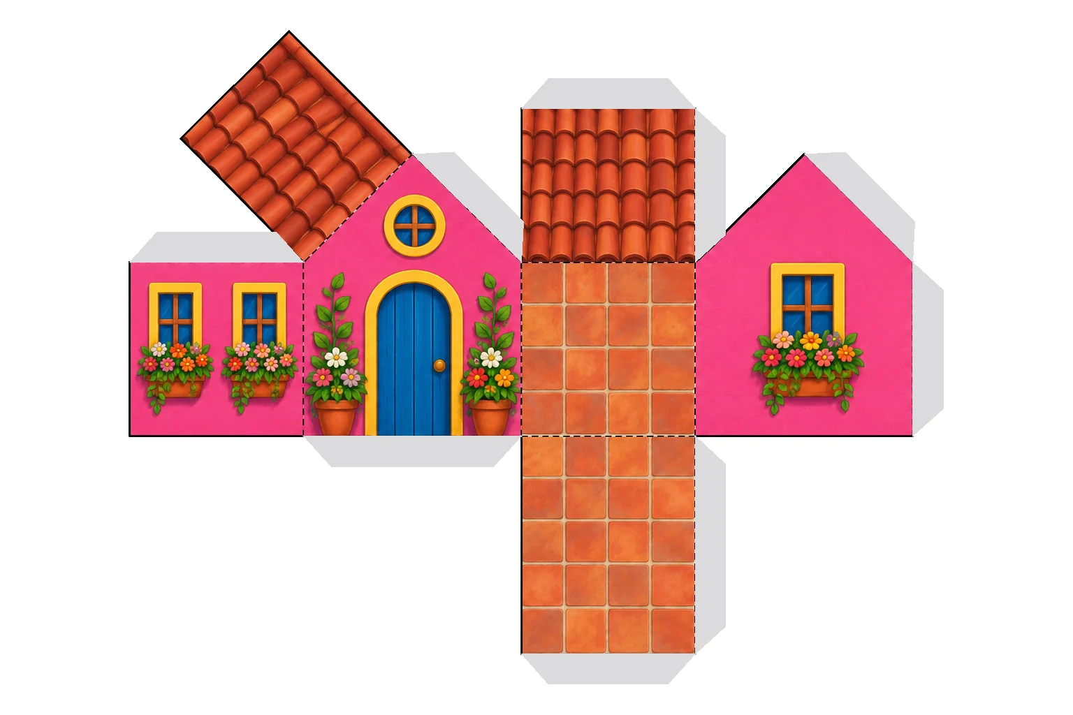 Desarrollo plano de casita de colores con sus pestañas