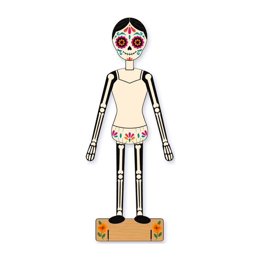 La catrina de papel en su peana, con camisola y pololos