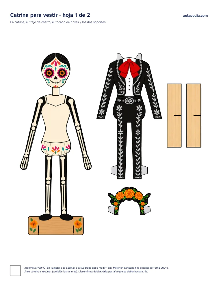 Hoja 1: la catrina, el traje de charro, el tocado de flores y los soportes