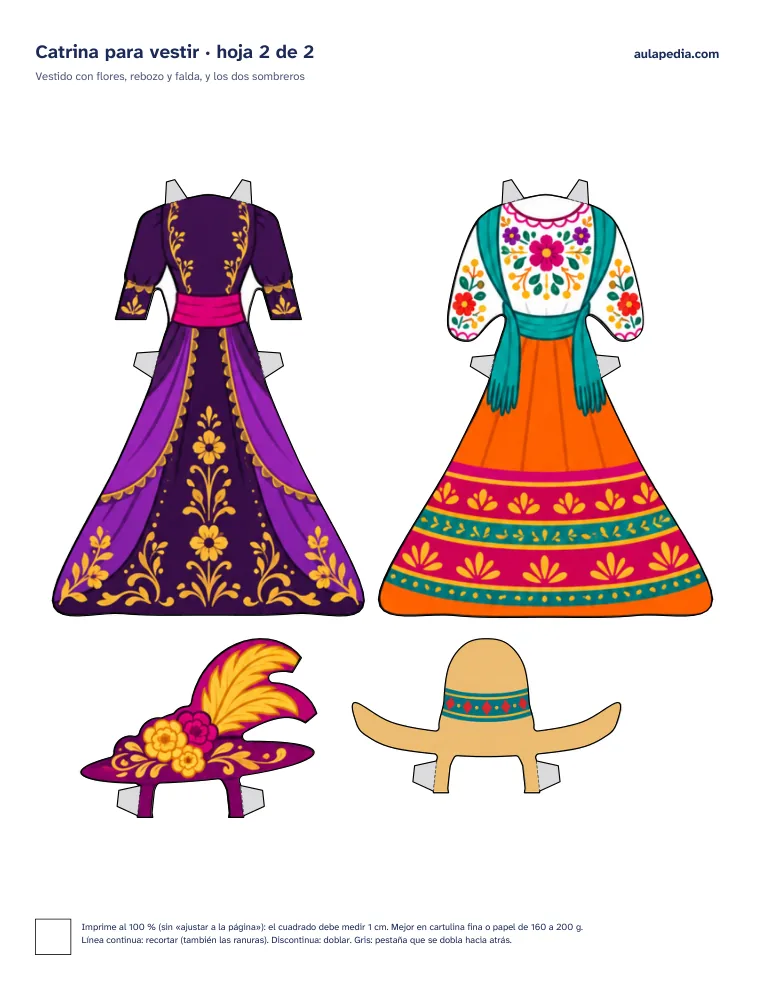 Hoja 2: el vestido, el rebozo con falda y los dos sombreros