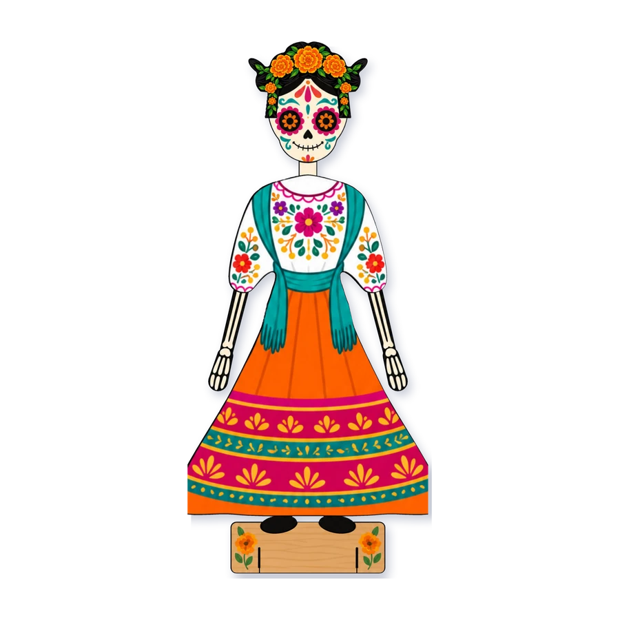 La catrina vestida con rebozo y falda y tocado de flores