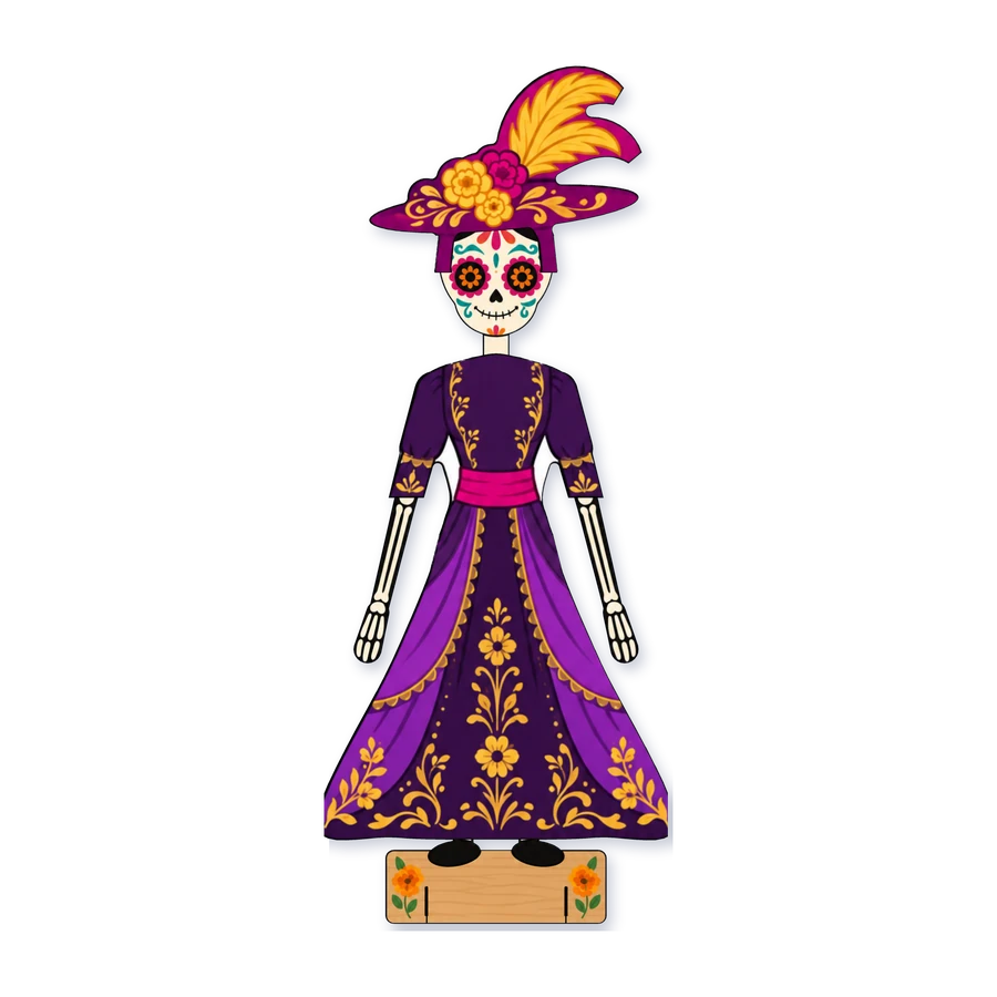 La catrina vestida con vestido con flores y sombrero con flores