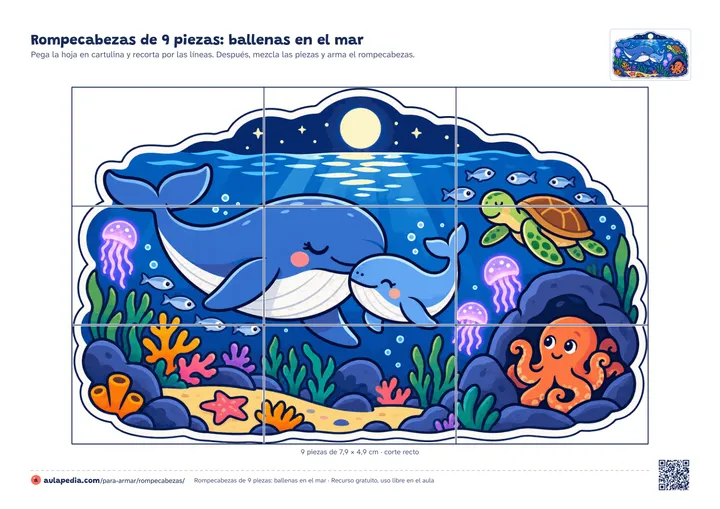 Rompecabezas de 9 piezas para imprimir: una ballena y su cría nadando de noche entre medusas, una tortuga marina, un pulpo y corales, con las líneas de corte rectas