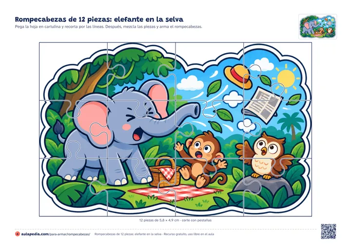 Rompecabezas de 12 piezas para imprimir: un elefante que estornuda en la selva junto a un mono y un búho, con un sombrero y un periódico volando, con las líneas de corte con pestañas