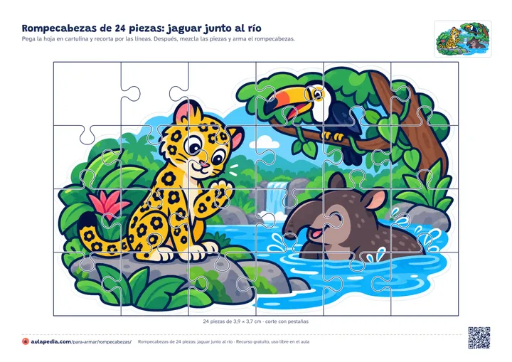 Rompecabezas de 24 piezas para imprimir: un jaguar sentado junto a un río de la selva, un tapir que se baña y un tucán en una rama, con las líneas de corte con pestañas