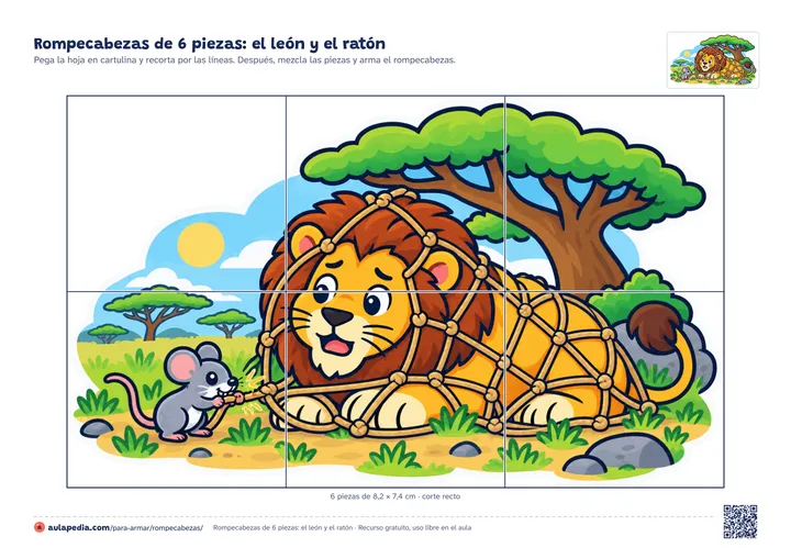 Rompecabezas de 6 piezas para imprimir: un ratón que roe la red que atrapa a un león bajo una acacia de la sabana, con las líneas de corte rectas