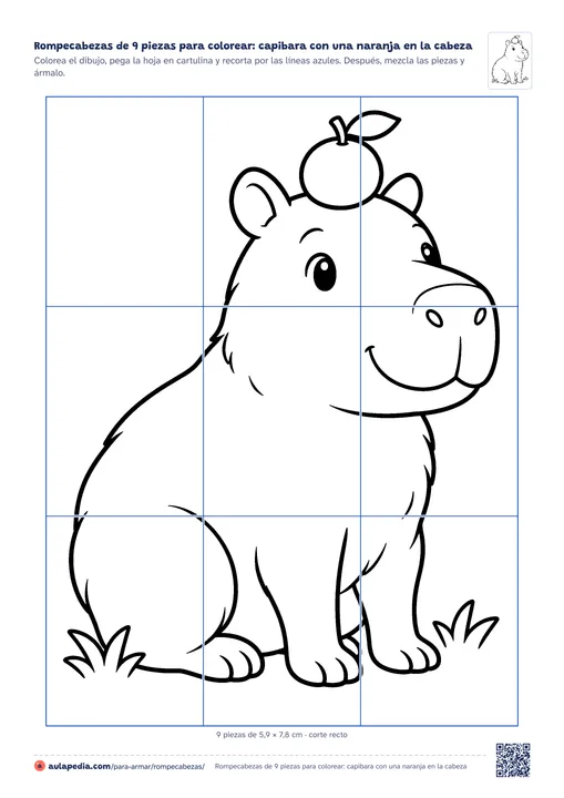 Rompecabezas de 9 piezas para colorear: Capibara sentada y sonriente que sostiene en equilibrio una naranja con su hoja sobre la cabeza, entre dos matas de hierba, con las líneas de corte rectas