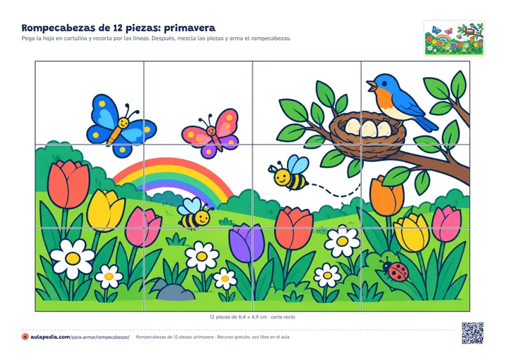 Rompecabezas de 12 piezas para imprimir: un prado con tulipanes y margaritas, mariposas, abejas, un arcoíris y un pájaro junto a su nido, con las líneas de corte rectas