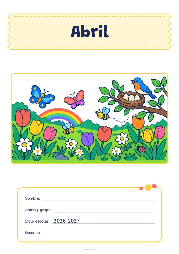 Portada de «Abril» a color, con el título sobre una cinta de tela y los datos en una tarjeta. Dibujo: un prado con tulipanes y margaritas, mariposas, abejas, un pájaro junto a su nido con tres huevos, un arcoíris y una mariquita.