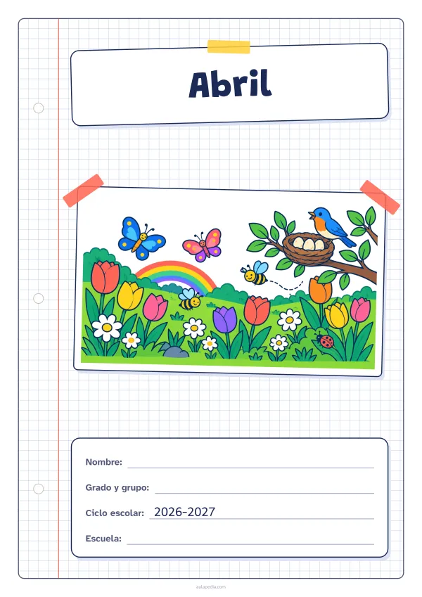 Portada de «Abril» a color, con una hoja cuadriculada con margen, el título en un cartel y el dibujo pegado como una foto. Dibujo: un prado con tulipanes y margaritas, mariposas, abejas, un pájaro junto a su nido con tres huevos, un arcoíris y una mariquita.