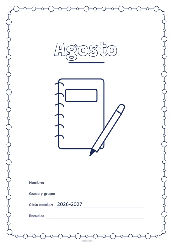 Portada de «Agosto» para colorear, con un marco redondeado de gomets de varios tamaños. Dibujo: un cuaderno de espiral y un lápiz.