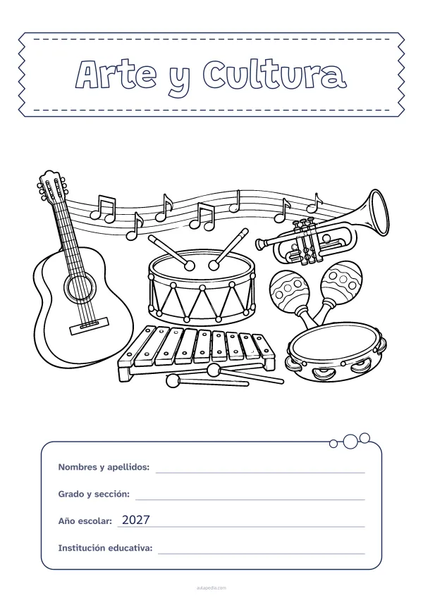 Portada de «Arte y Cultura» para colorear, con el título sobre una cinta de tela y los datos en una tarjeta. Dibujo: una guitarra, un tambor, una trompeta, unas maracas, un xilófono, una pandereta y notas musicales sobre un pentagrama.