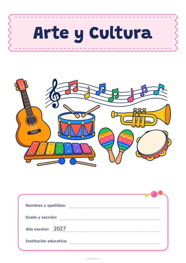 Portada de «Arte y Cultura» a color, con el título sobre una cinta de tela y los datos en una tarjeta. Dibujo: una guitarra, un tambor, una trompeta, unas maracas, un xilófono, una pandereta y notas musicales sobre un pentagrama.