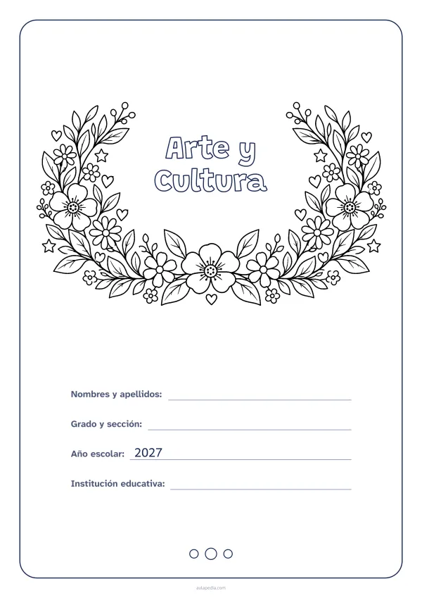 Portada de «Arte y Cultura» para colorear, con el título dentro de una corona de hojas y flores. Dibujo: una corona de hojas, flores, estrellas y corazones, abierta por arriba y con el centro vacío para el título.