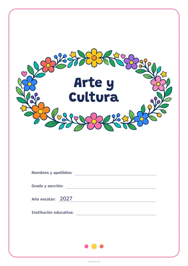 Portada de «Arte y Cultura» a color, con el título dentro de una corona de hojas y flores. Dibujo: una corona ovalada de hojas, flores, estrellas y corazones, con el centro vacío para el título.