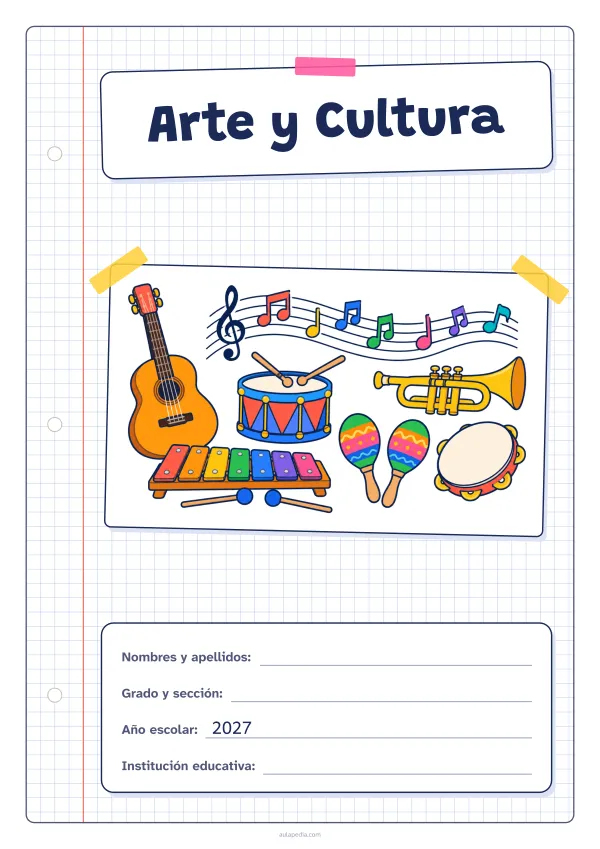 Portada de «Arte y Cultura» a color, con una hoja cuadriculada con margen, el título en un cartel y el dibujo pegado como una foto. Dibujo: una guitarra, un tambor, una trompeta, unas maracas, un xilófono, una pandereta y notas musicales sobre un pentagrama.