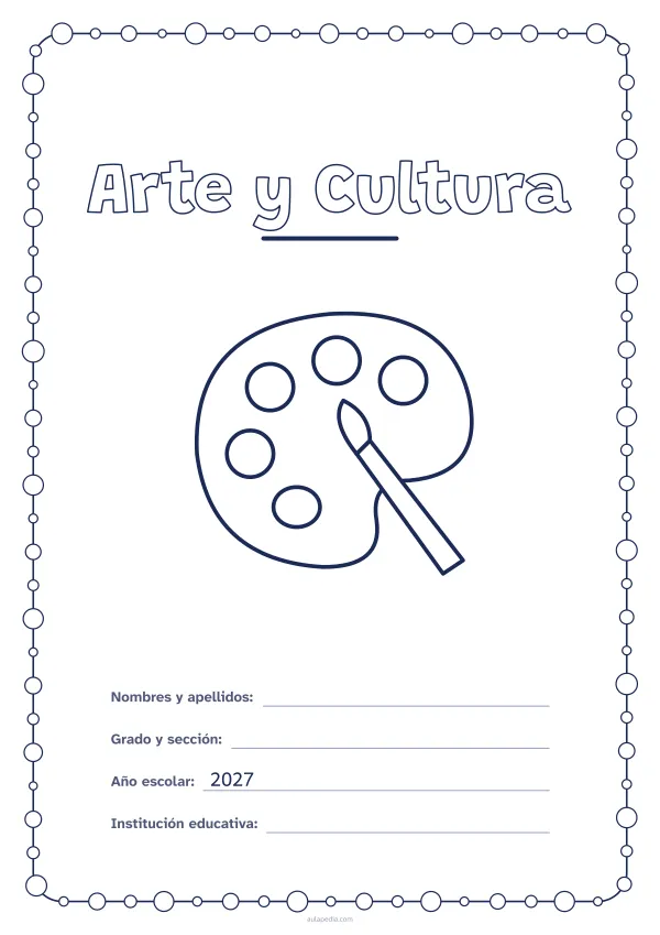 Portada de «Arte y Cultura» para colorear, con un marco redondeado de gomets de varios tamaños. Dibujo: una paleta de pintor y un pincel.