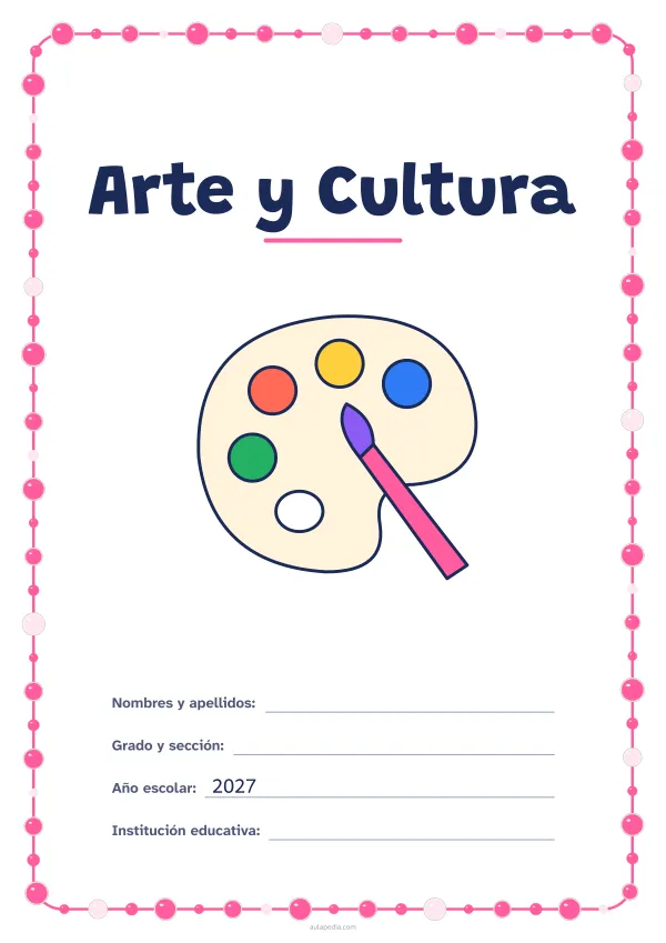 Portada de «Arte y Cultura» a color, con un marco redondeado de gomets de varios tamaños. Dibujo: una paleta de pintor y un pincel.