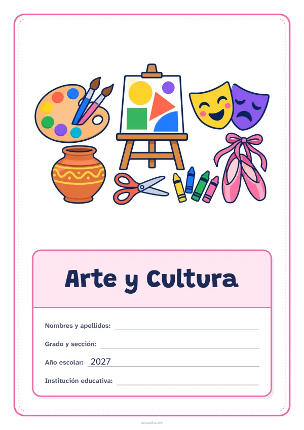 Portada de «Arte y Cultura» a color, con el dibujo arriba y, debajo, una gran etiqueta escolar con el título y los datos. Dibujo: una paleta con pinceles, un caballete con un cuadro de figuras, una vasija de barro, unas tijeras, lápices de cera, dos máscaras de teatro y unas zapatillas de ballet.