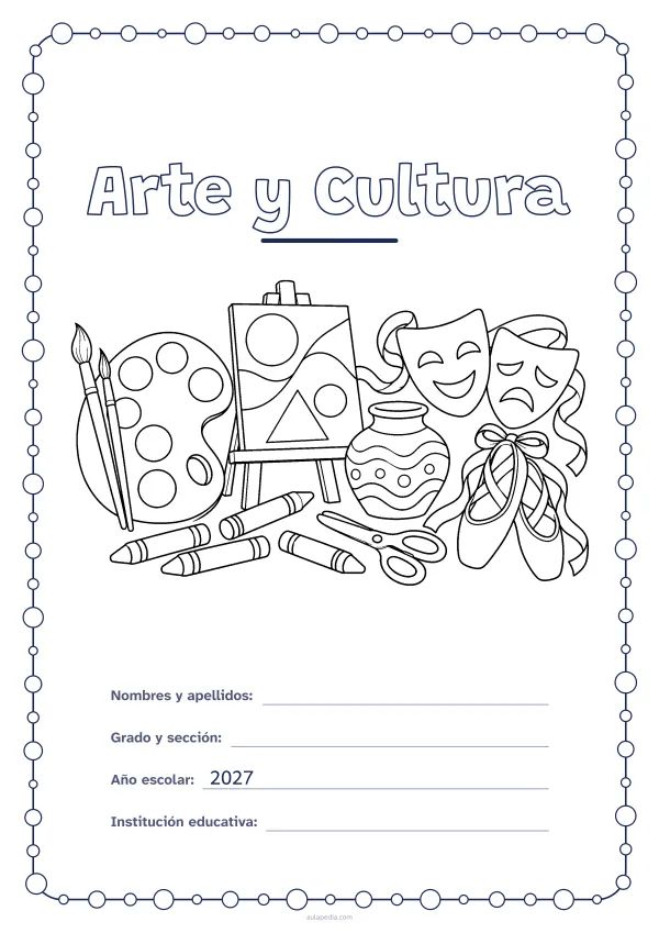 Portada de «Arte y Cultura» para colorear, con un marco redondeado de gomets de varios tamaños. Dibujo: una paleta con pinceles, un caballete con un cuadro de figuras, una vasija de barro, unas tijeras, lápices de cera, dos máscaras de teatro y unas zapatillas de ballet.