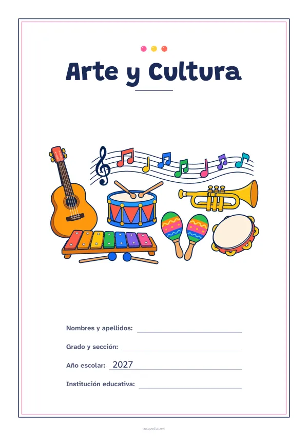 Portada de «Arte y Cultura» a color, con un marco fino de doble línea y mucho blanco. Dibujo: una guitarra, un tambor, una trompeta, unas maracas, un xilófono, una pandereta y notas musicales sobre un pentagrama.