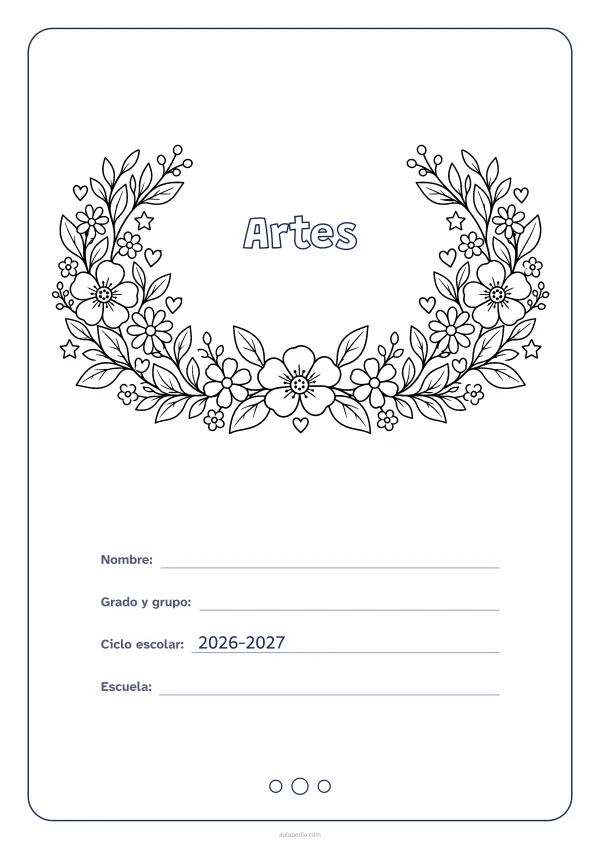 Portada de «Artes» para colorear, con el título dentro de una corona de hojas y flores. Dibujo: una corona de hojas, flores, estrellas y corazones, abierta por arriba y con el centro vacío para el título.