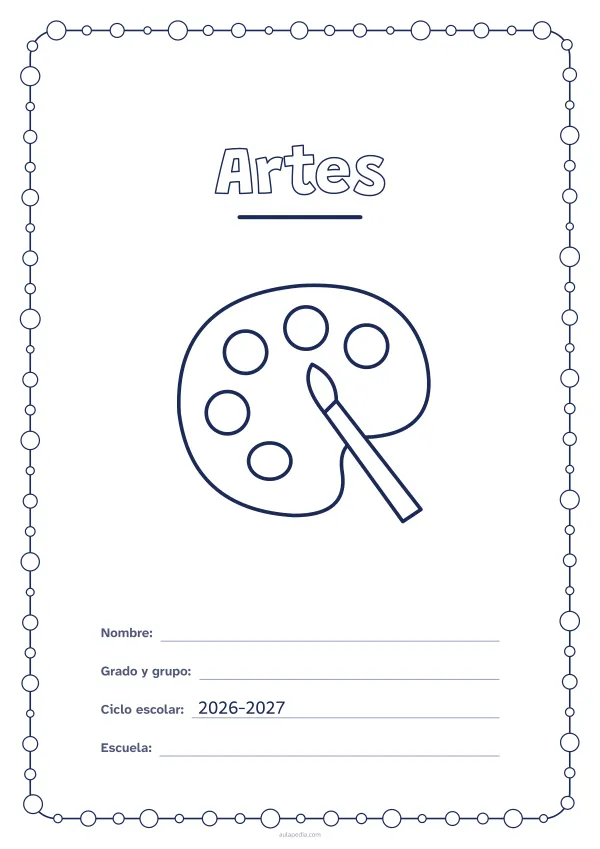 Portada de «Artes» para colorear, con un marco redondeado de gomets de varios tamaños. Dibujo: una paleta de pintor y un pincel.