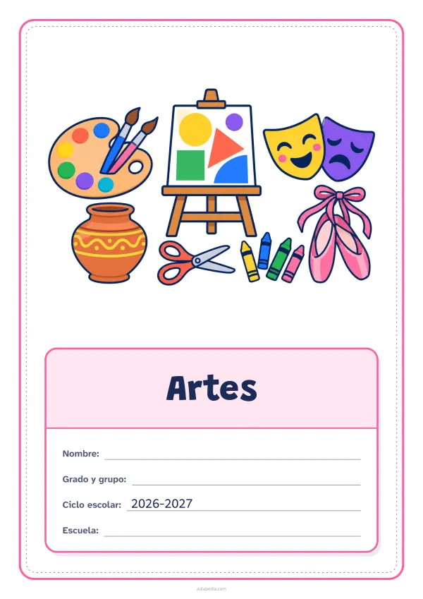 Portada de «Artes» a color, con el dibujo arriba y, debajo, una gran etiqueta escolar con el título y los datos. Dibujo: una paleta con pinceles, un caballete con un cuadro de figuras, una vasija de barro, unas tijeras, lápices de cera, dos máscaras de teatro y unas zapatillas de ballet.