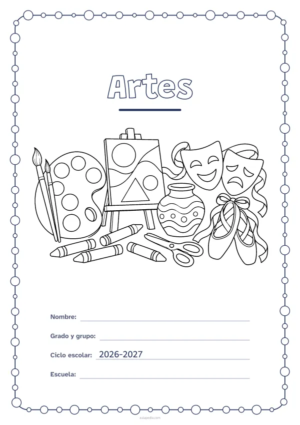 Portada de «Artes» para colorear, con un marco redondeado de gomets de varios tamaños. Dibujo: una paleta con pinceles, un caballete con un cuadro de figuras, una vasija de barro, unas tijeras, lápices de cera, dos máscaras de teatro y unas zapatillas de ballet.