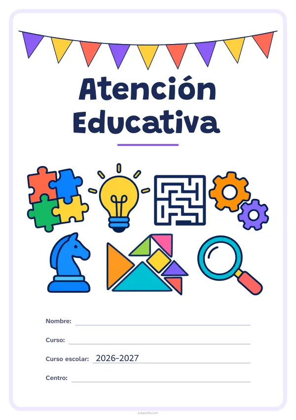 Portada de «Atención Educativa» a color, con una guirnalda de banderines sobre el título. Dibujo: piezas de rompecabezas, una bombilla, un laberinto, engranajes, un caballo de ajedrez, piezas geométricas y una lupa.