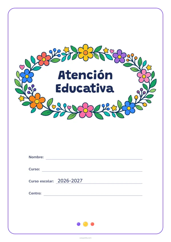 Portada de «Atención Educativa» a color, con el título dentro de una corona de hojas y flores. Dibujo: una corona ovalada de hojas, flores, estrellas y corazones, con el centro vacío para el título.