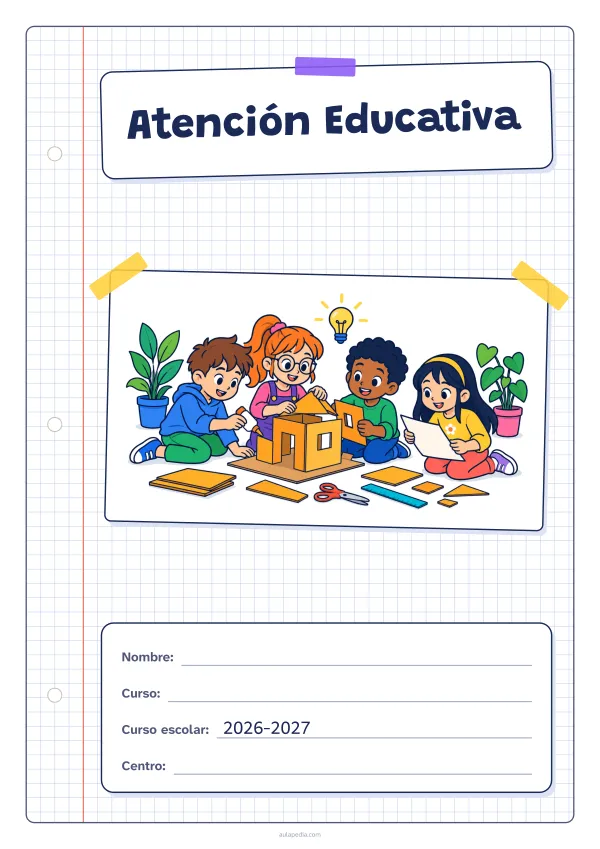 Portada de «Atención Educativa» a color, con una hoja cuadriculada con margen, el título en un cartel y el dibujo pegado como una foto. Dibujo: cuatro niñas y niños que construyen juntos una maqueta de cartón, con pegamento, tijeras, una regla y un plano, una bombilla encendida y plantas.