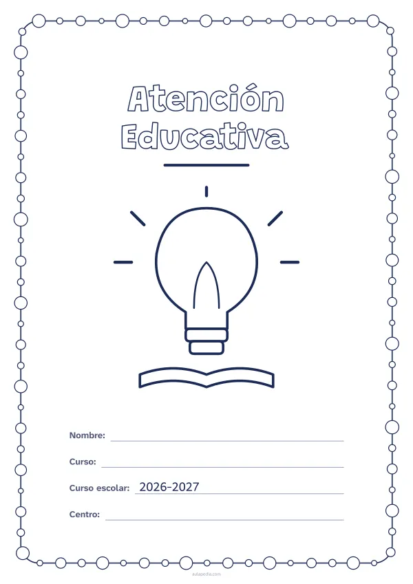 Portada de «Atención Educativa» para colorear, con un marco redondeado de gomets de varios tamaños. Dibujo: una bombilla encendida sobre un libro.
