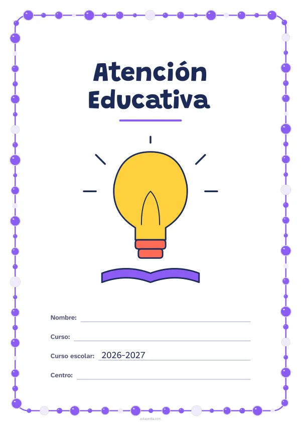 Portada de «Atención Educativa» a color, con un marco redondeado de gomets de varios tamaños. Dibujo: una bombilla encendida sobre un libro.