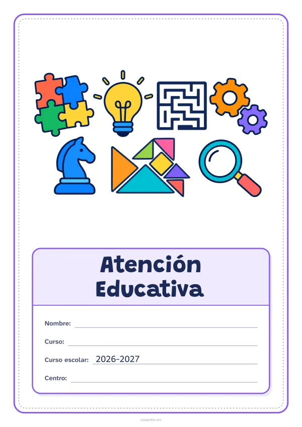 Portada de «Atención Educativa» a color, con el dibujo arriba y, debajo, una gran etiqueta escolar con el título y los datos. Dibujo: piezas de rompecabezas, una bombilla, un laberinto, engranajes, un caballo de ajedrez, piezas geométricas y una lupa.