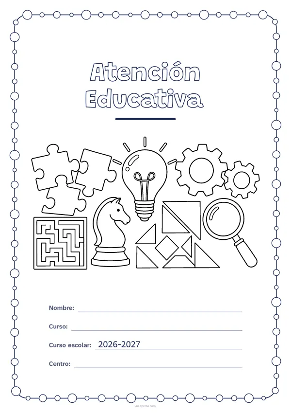Portada de «Atención Educativa» para colorear, con un marco redondeado de gomets de varios tamaños. Dibujo: piezas de rompecabezas, una bombilla, un laberinto, engranajes, un caballo de ajedrez, piezas geométricas y una lupa.