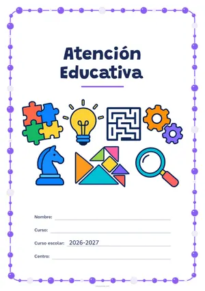 Portada de «Atención Educativa» a color, con un marco redondeado de gomets de varios tamaños. Dibujo: piezas de rompecabezas, una bombilla, un laberinto, engranajes, un caballo de ajedrez, piezas geométricas y una lupa.