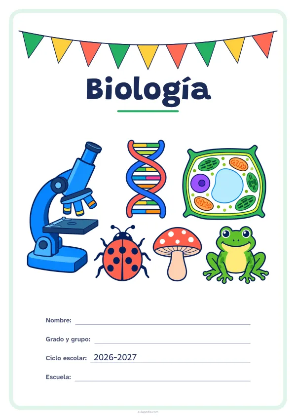 Portada de «Biología» a color, con una guirnalda de banderines sobre el título. Dibujo: un microscopio, una doble hélice de ADN, una célula vegetal, una mariquita, un hongo y una rana.
