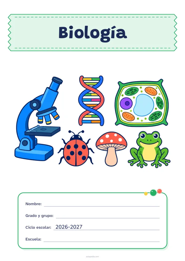 Portada de «Biología» a color, con el título sobre una cinta de tela y los datos en una tarjeta. Dibujo: un microscopio, una doble hélice de ADN, una célula vegetal, una mariquita, un hongo y una rana.