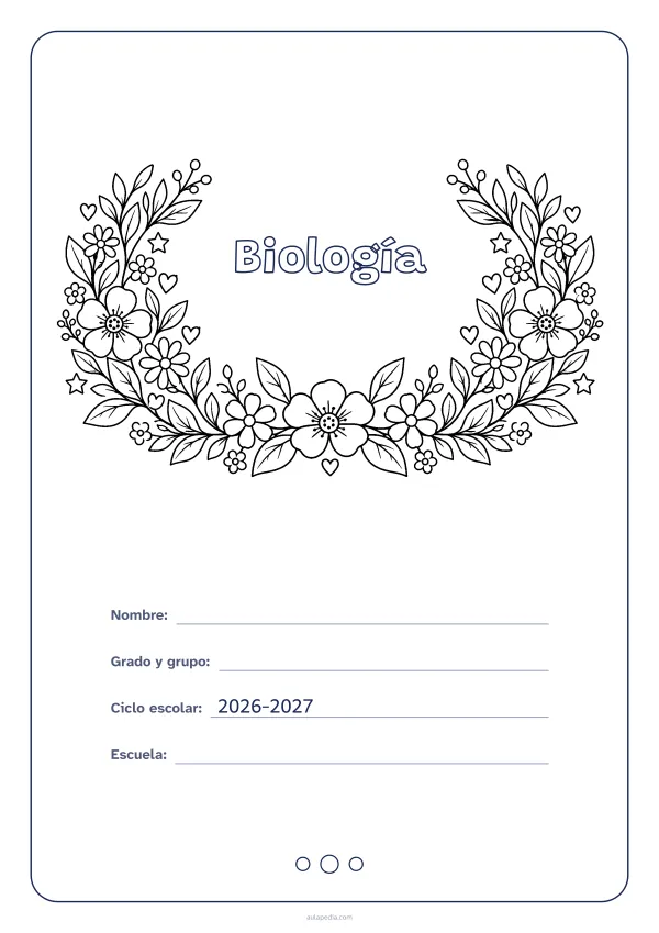 Portada de «Biología» para colorear, con el título dentro de una corona de hojas y flores. Dibujo: una corona de hojas, flores, estrellas y corazones, abierta por arriba y con el centro vacío para el título.