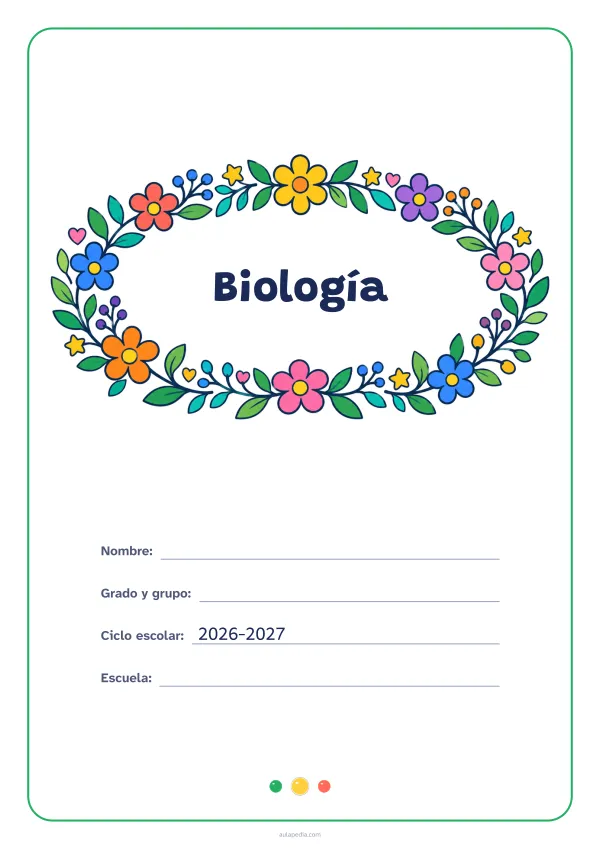 Portada de «Biología» a color, con el título dentro de una corona de hojas y flores. Dibujo: una corona ovalada de hojas, flores, estrellas y corazones, con el centro vacío para el título.