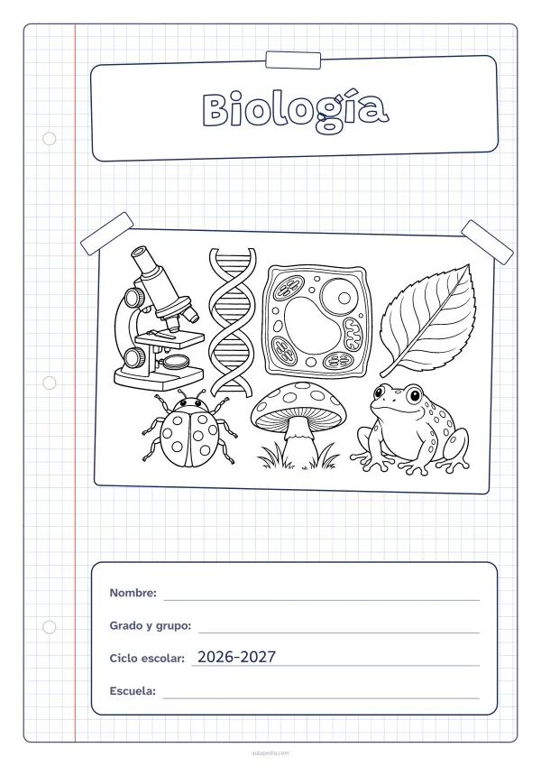Portada de «Biología» para colorear, con una hoja cuadriculada con margen, el título en un cartel y el dibujo pegado como una foto. Dibujo: un microscopio, una doble hélice de ADN, una célula vegetal, una hoja, una mariquita, un hongo y una rana.
