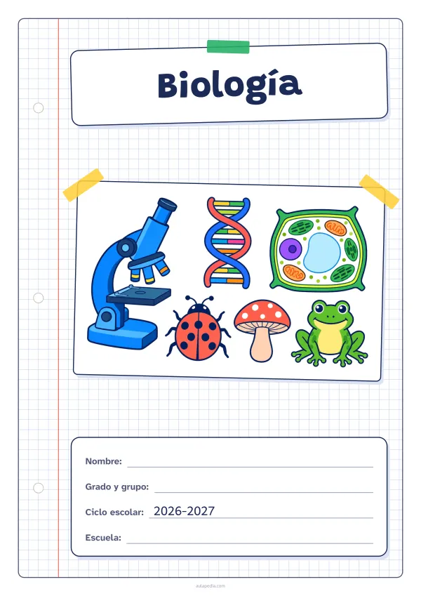 Portada de «Biología» a color, con una hoja cuadriculada con margen, el título en un cartel y el dibujo pegado como una foto. Dibujo: un microscopio, una doble hélice de ADN, una célula vegetal, una mariquita, un hongo y una rana.